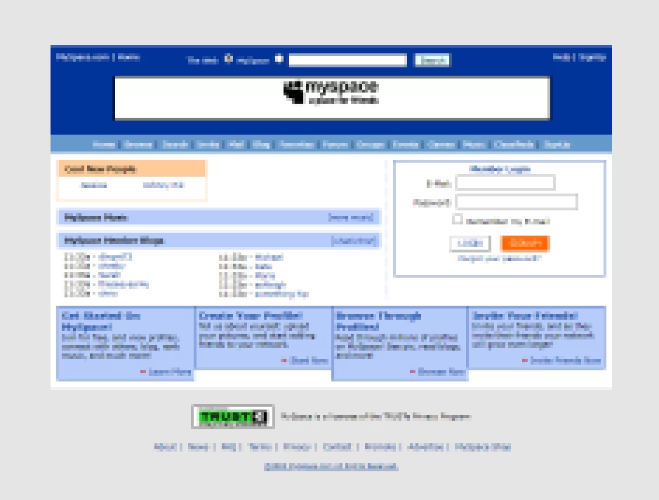 Pikselöity kuvakaappaus, ts. screenshotti, MySpacen etusivulta vuodelta 2003.